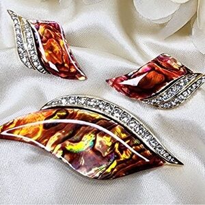 Vintage Butler Brooch & Earring set. Abalone and Rhinestones